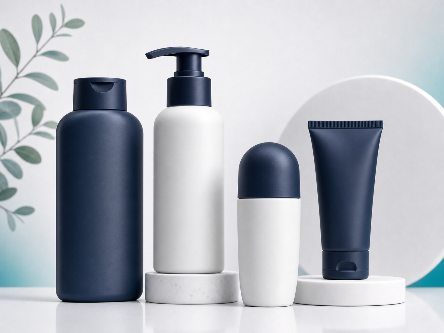 Unbranded personal care product line with bottles, pump packaging, and tube containers
