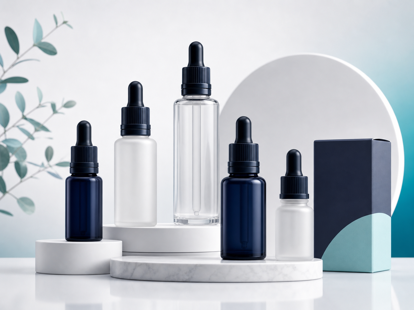 Unbranded serum collection with dropper bottles and premium retail packaging