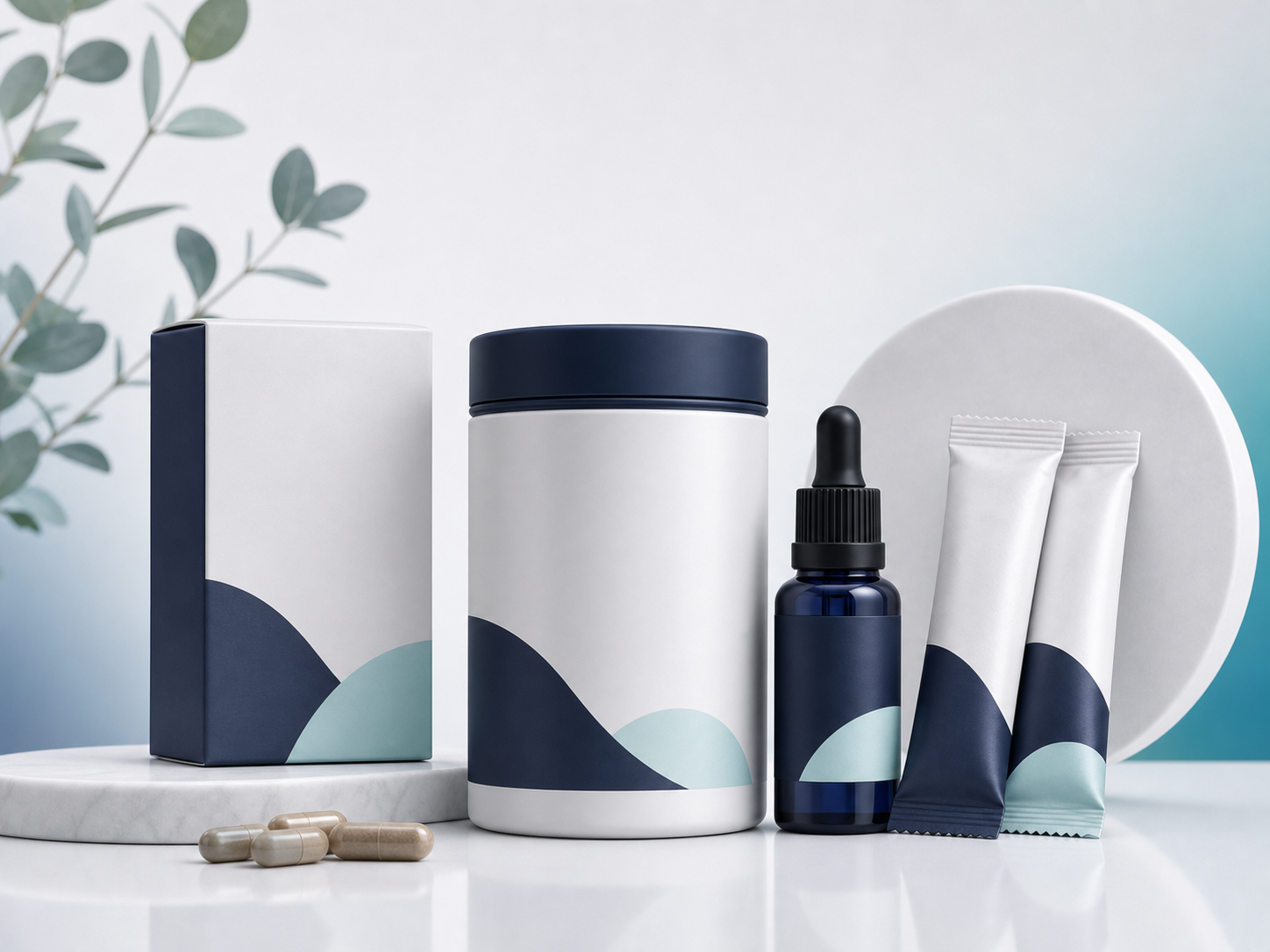 Unbranded wellness product grouping with supplement jar, sachets, essential oil, and carton